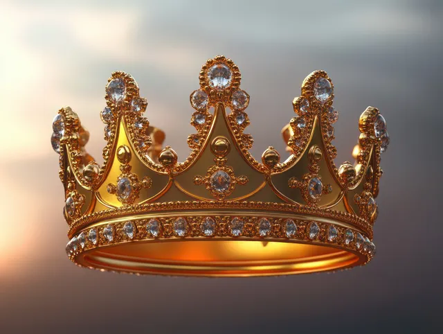 An ornate golden crown with sparkling gemstones glows against a softly blurred backdrop.