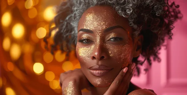 Senior Black Woman with Gray Hair Smiling with Glowing Skincare on Isolated Background