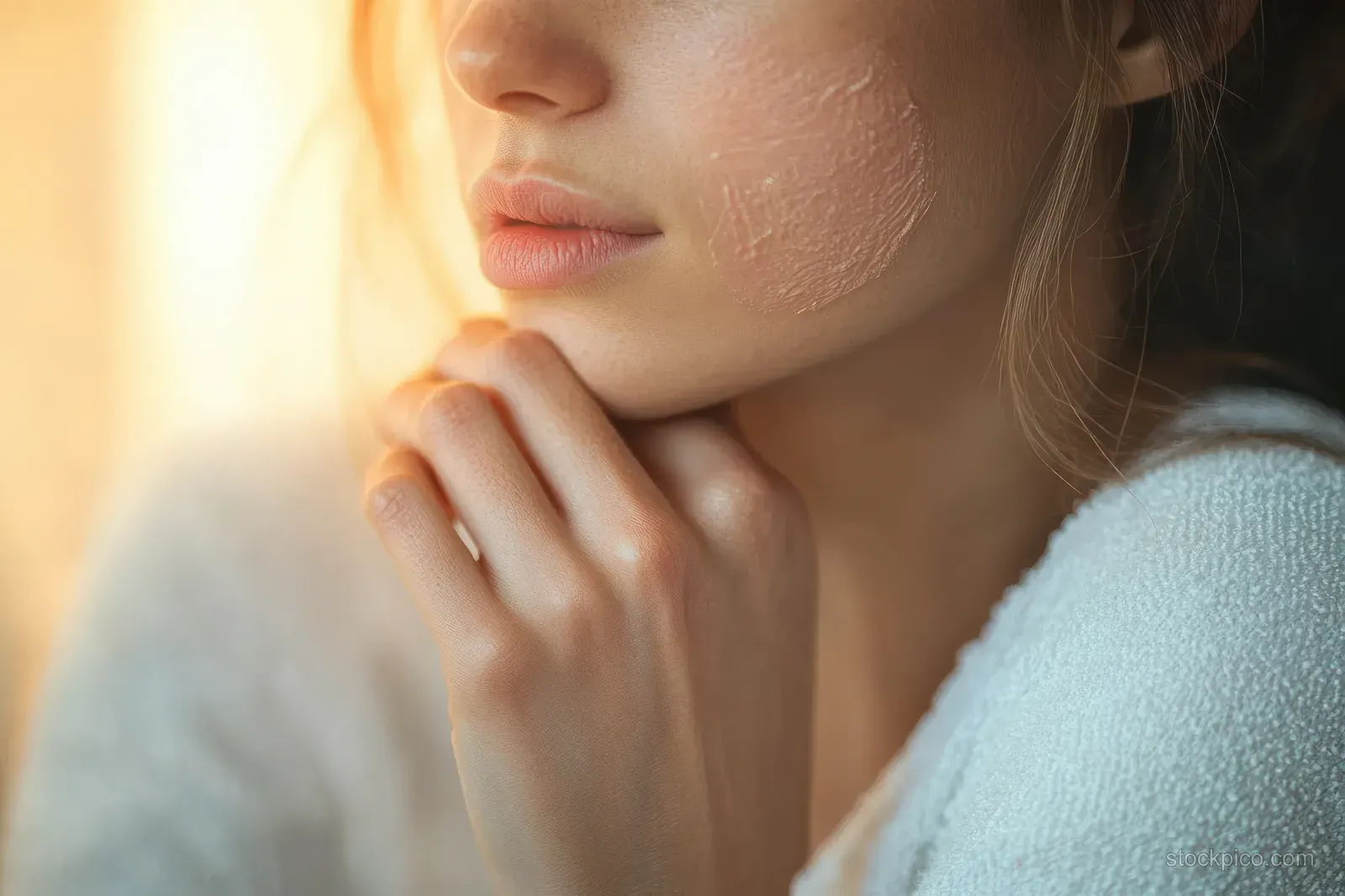 Young woman touches her arm while examining an itchy red rash under warm natural light.