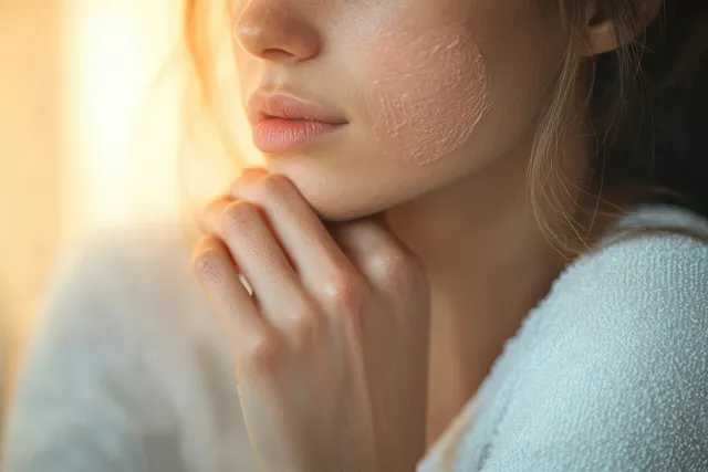 Young woman touches her arm while examining an itchy red rash under warm natural light.