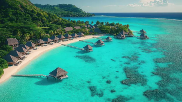 Aerial view of tropical beach resort with overwater bungalows on turquoise clear shallows