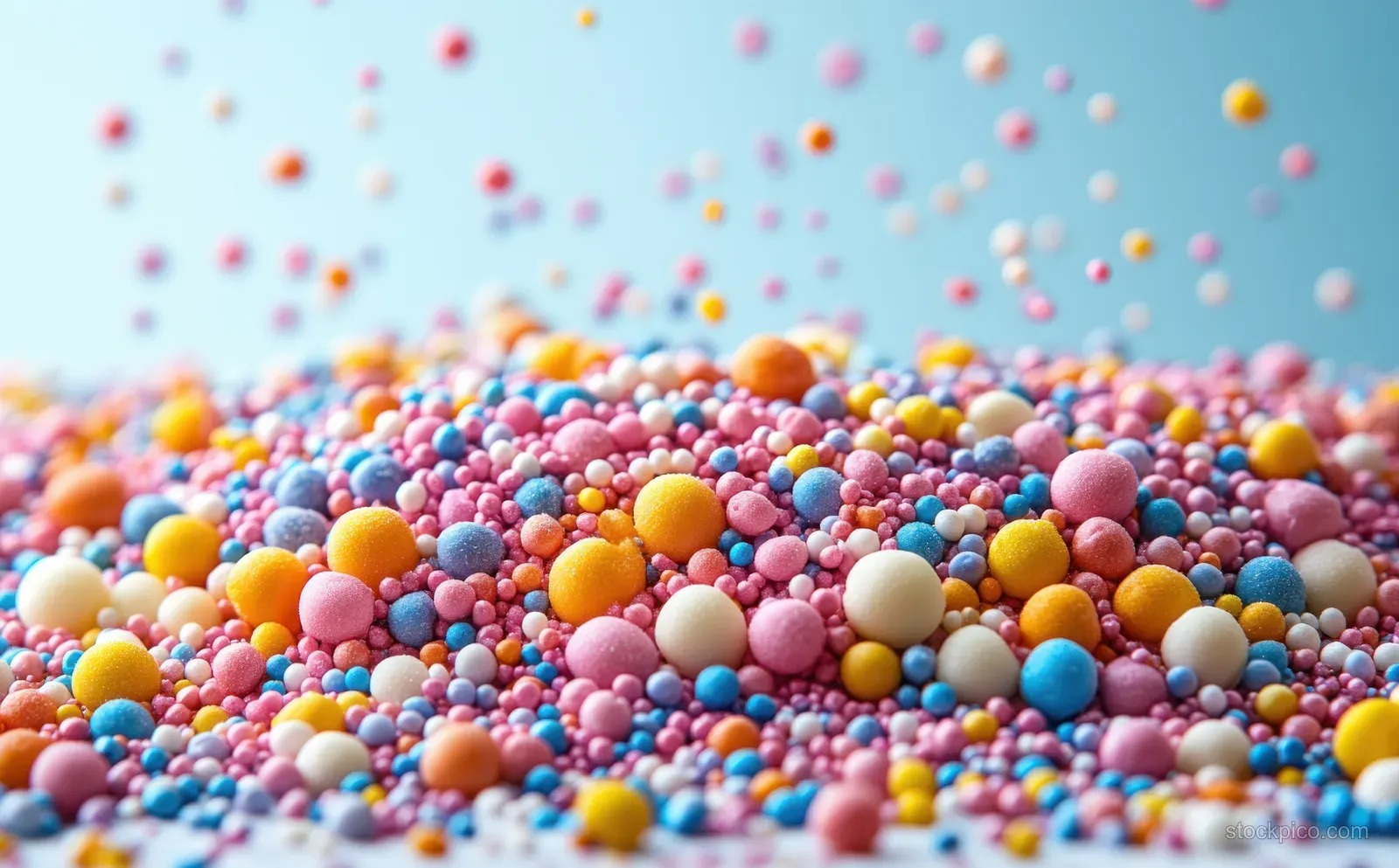 Rainbow sprinkles are piled on a white surface with scattered candy bits against a soft blue background.