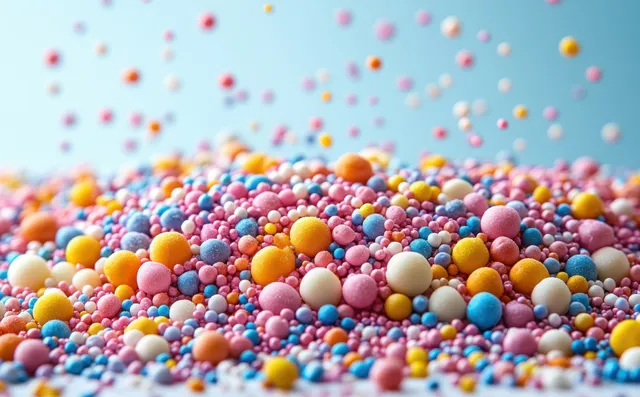 Colorful sprinkles mound on white tabletop with soft blue background, sprinkled detail.