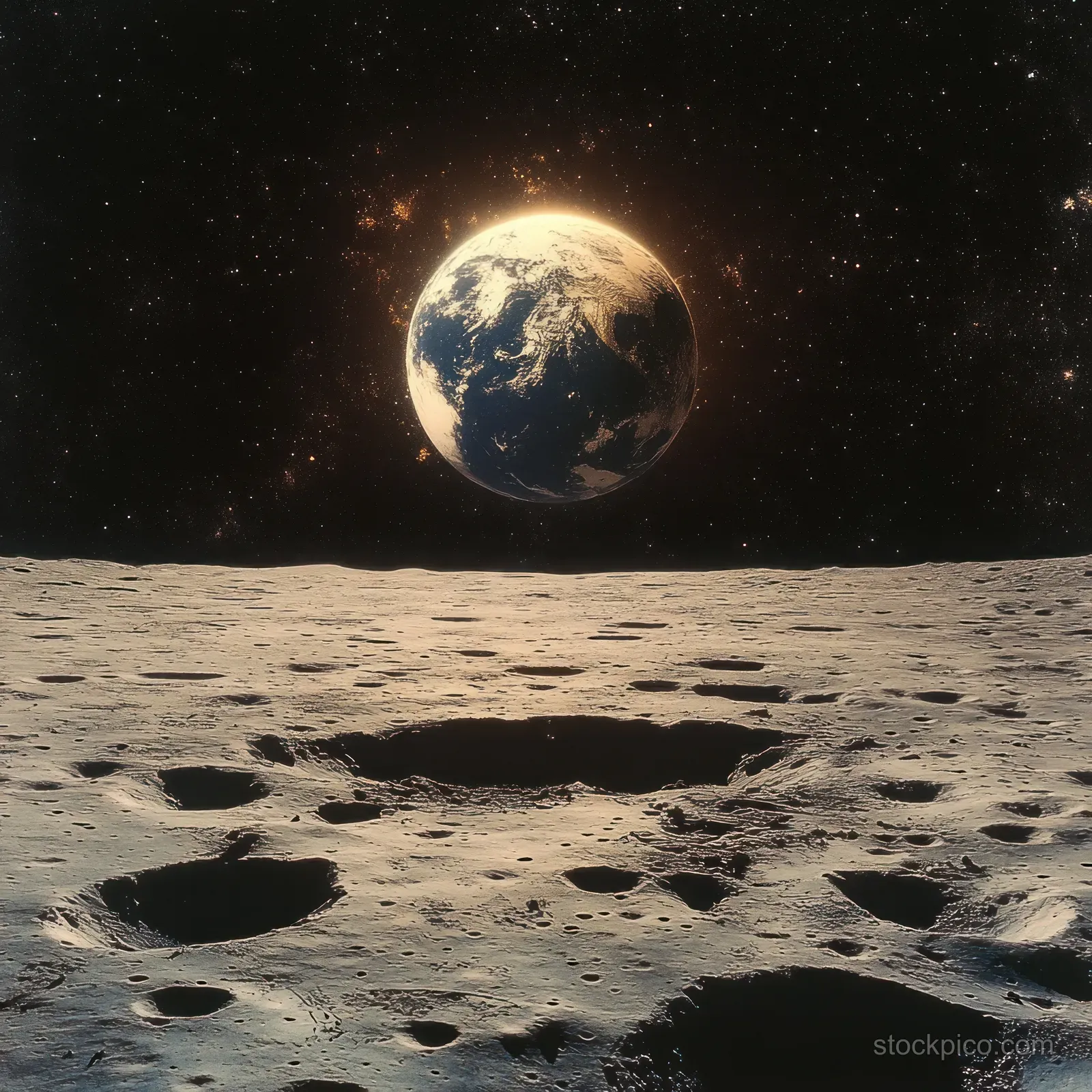 Earthrise floats above a cratered lunar landscape under a field of stars.
