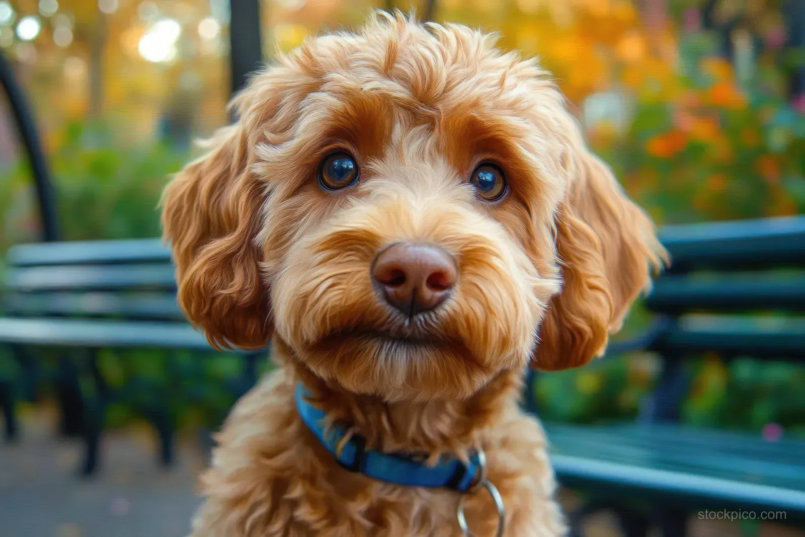 Fluffy brown puppy with bright eyes sits on an autumn park bench, blue collar and blurred fall leaves behind.