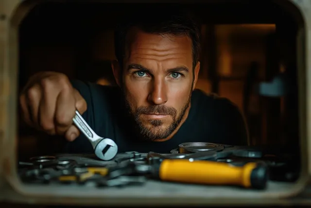 Focused mechanic holds an adjustable wrench among assorted hand tools in a dimly lit workshop.