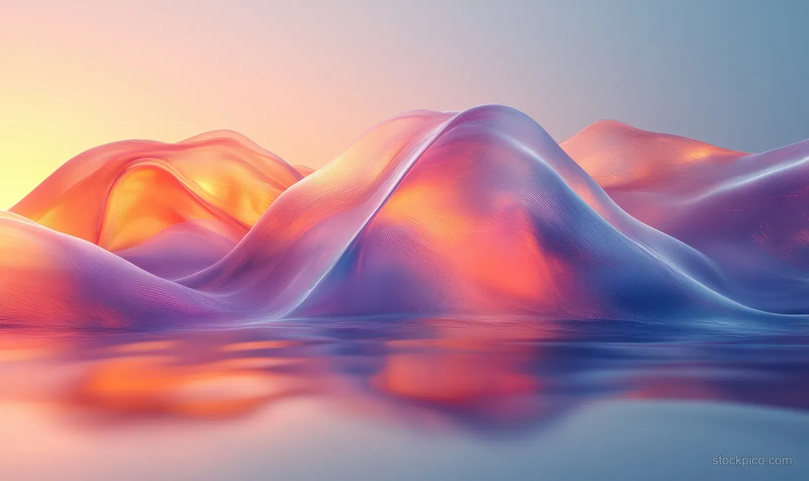Glossy iridescent wave-like shapes rise above reflective water-like surfaces under soft diffused light.