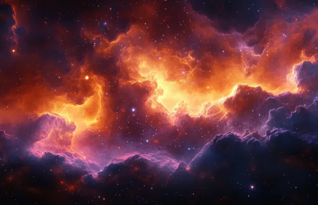 Orange and purple glowing nebula clouds stretch across a dark star-filled deep space scene.