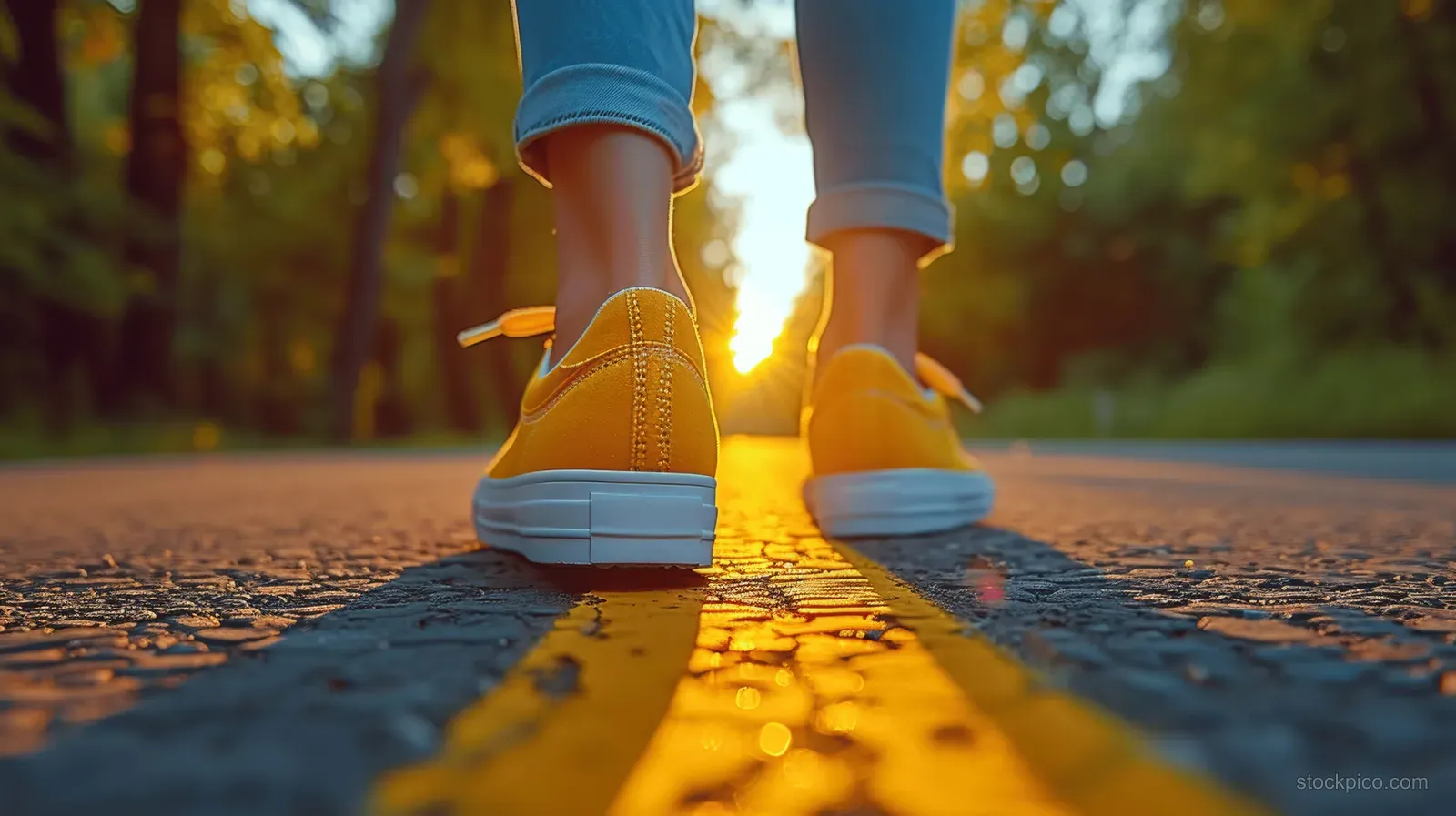 A toddler’s sneakers walk forward on a sunlit outdoor path, leaving footprints in the pavement.