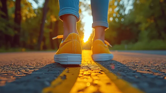 Toddler walking outdoors with warm sunlight, leaving footprints on a paved path
