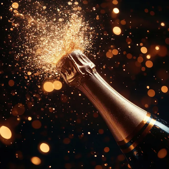 Champagne bottle uncorks and golden bubbles spray against a dark background with warm bokeh lights.