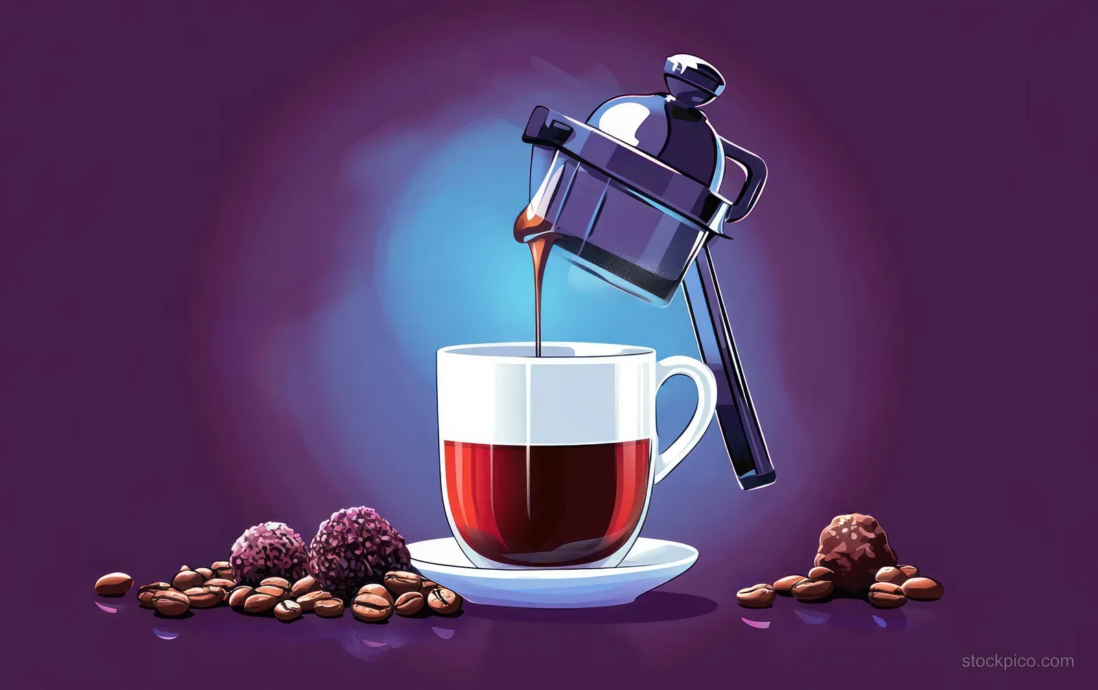A French press pours dark coffee into a white cup with coffee beans and chocolate truffles on a reflective surface against purple.