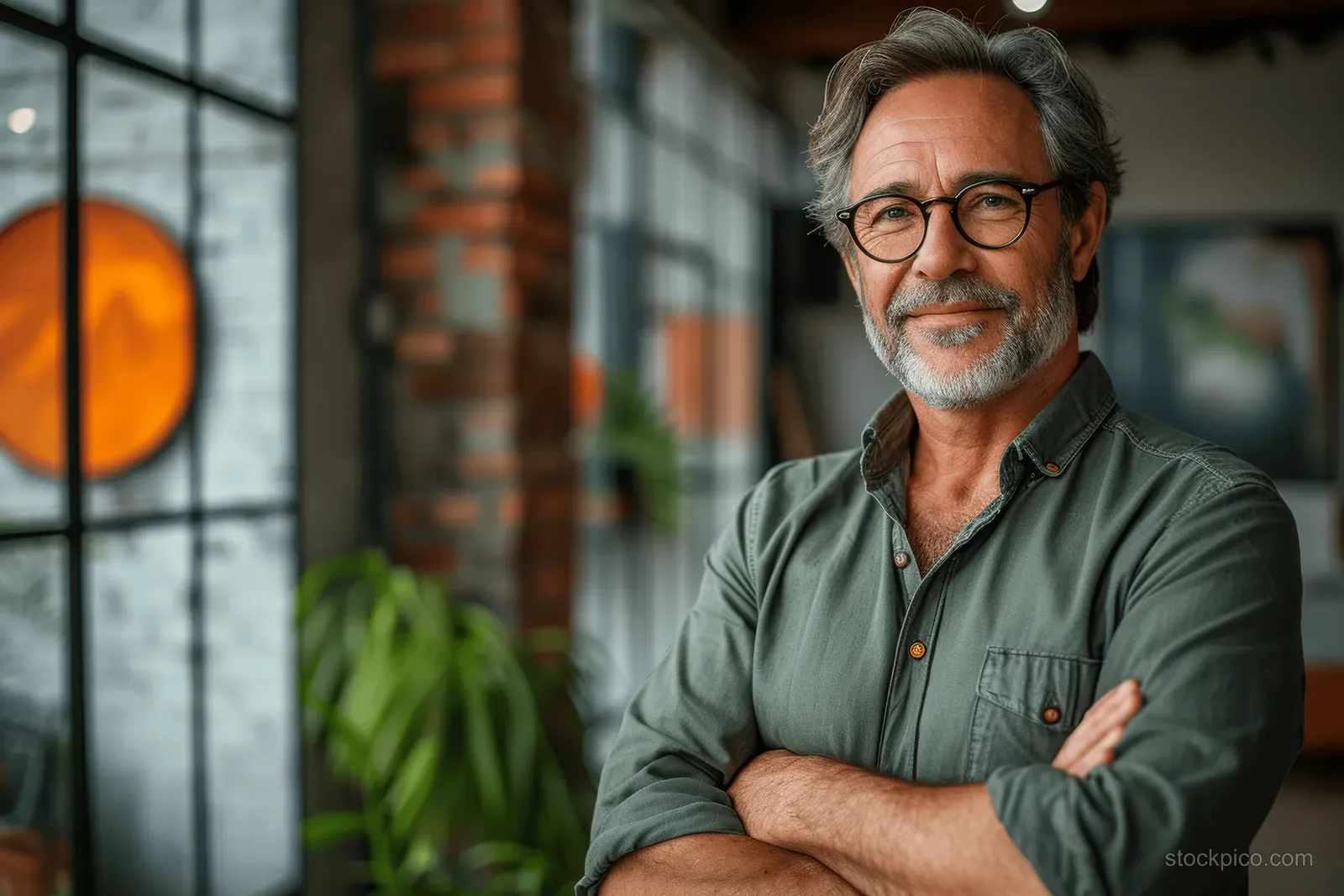 Smiling middle-aged businessman with glasses stands with arms crossed in an office with plants and window light behind.