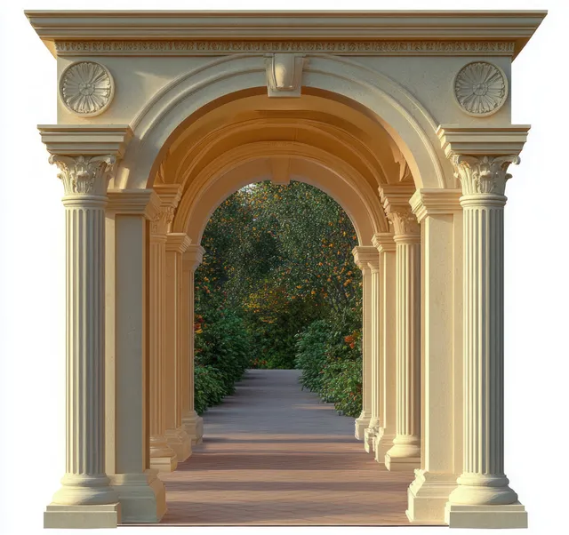 Neoclassical stone archway with columns opens onto a sunlit path lined by lush green trees.