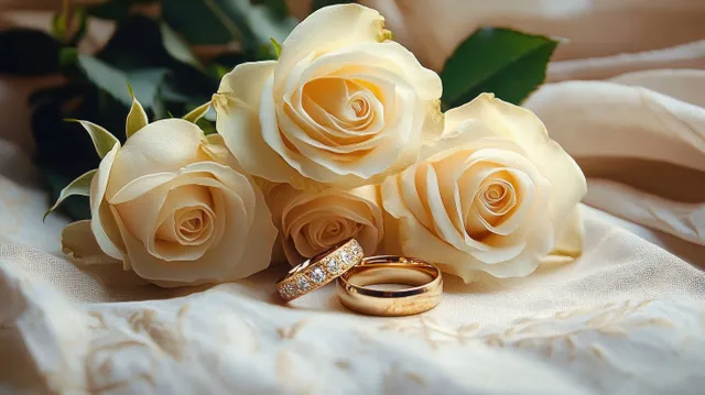 Three cream roses with gold diamond ring pair on soft fabric close-up