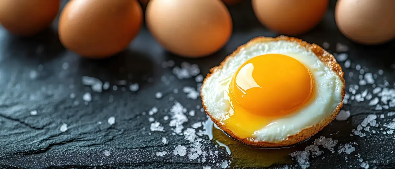 A sunny-side-up egg with a bright yolk is surrounded by coarse salt crystals and whole brown eggs on dark slate.