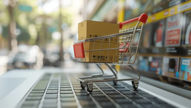 A small shopping cart is placed on a laptop screen with a checkout glow beside blurred store shelves.