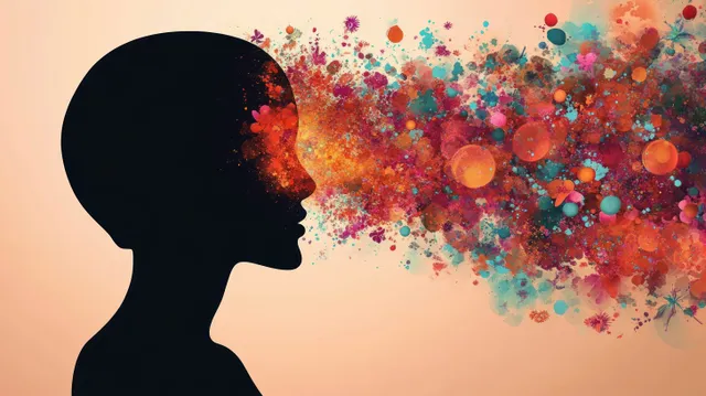 Side-profile black head silhouette with colorful abstract particle cloud flowing from the mouth on an orange background.