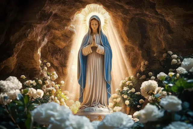 A praying robed statue stands in a rocky cave lit by golden rays and surrounded by white flowers.