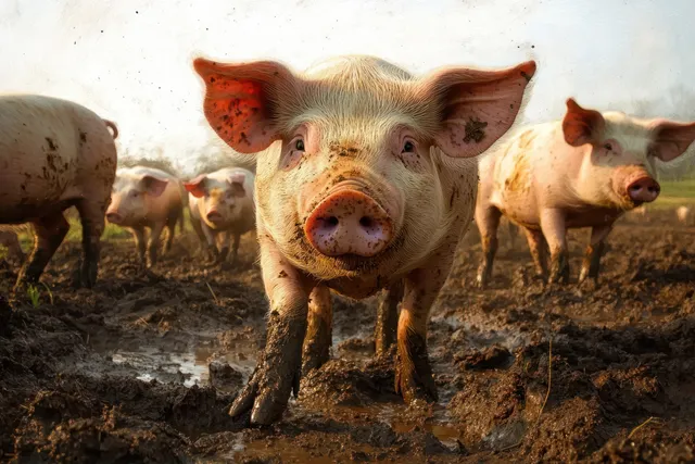 Curious pig walking through muddy farmland with pig herd behind, dusty daylight.