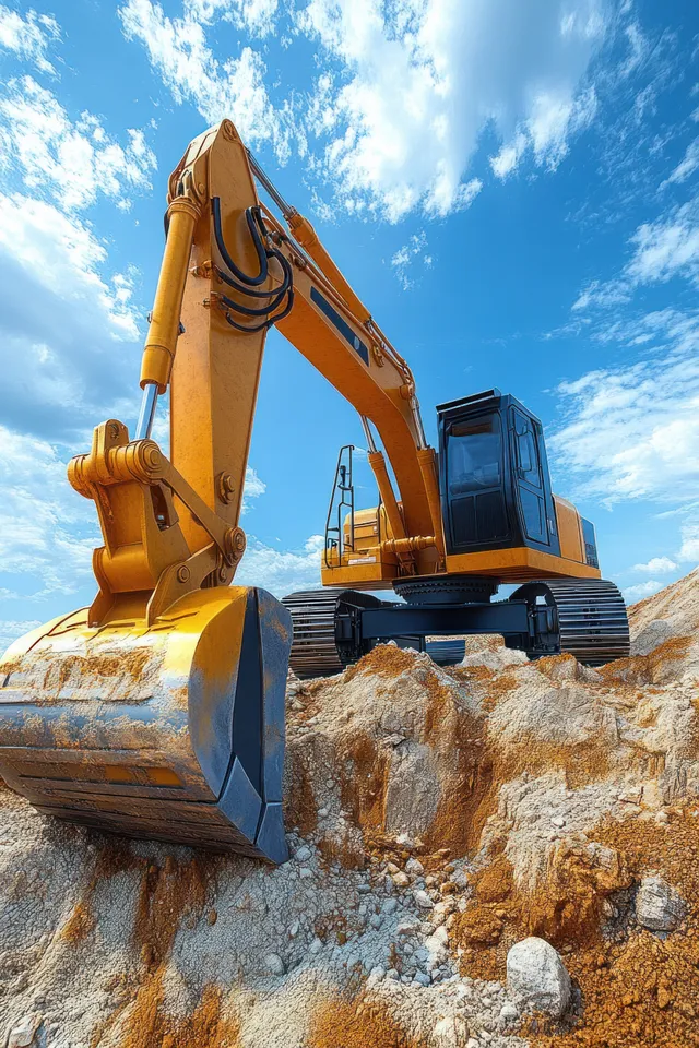 A yellow excavator digs a rocky dirt hill with its hydraulic arm and metal bucket under a partly cloudy blue sky.