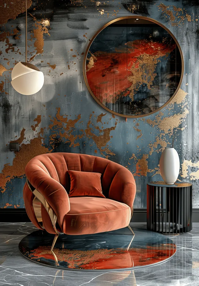 Red velvet barrel chair against a gold-leaf abstract wall with a round mirror and sculptural side table.