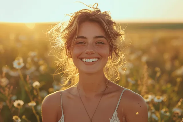Laughing young woman with boho hair in sunny meadow at golden hour with Sunset Light