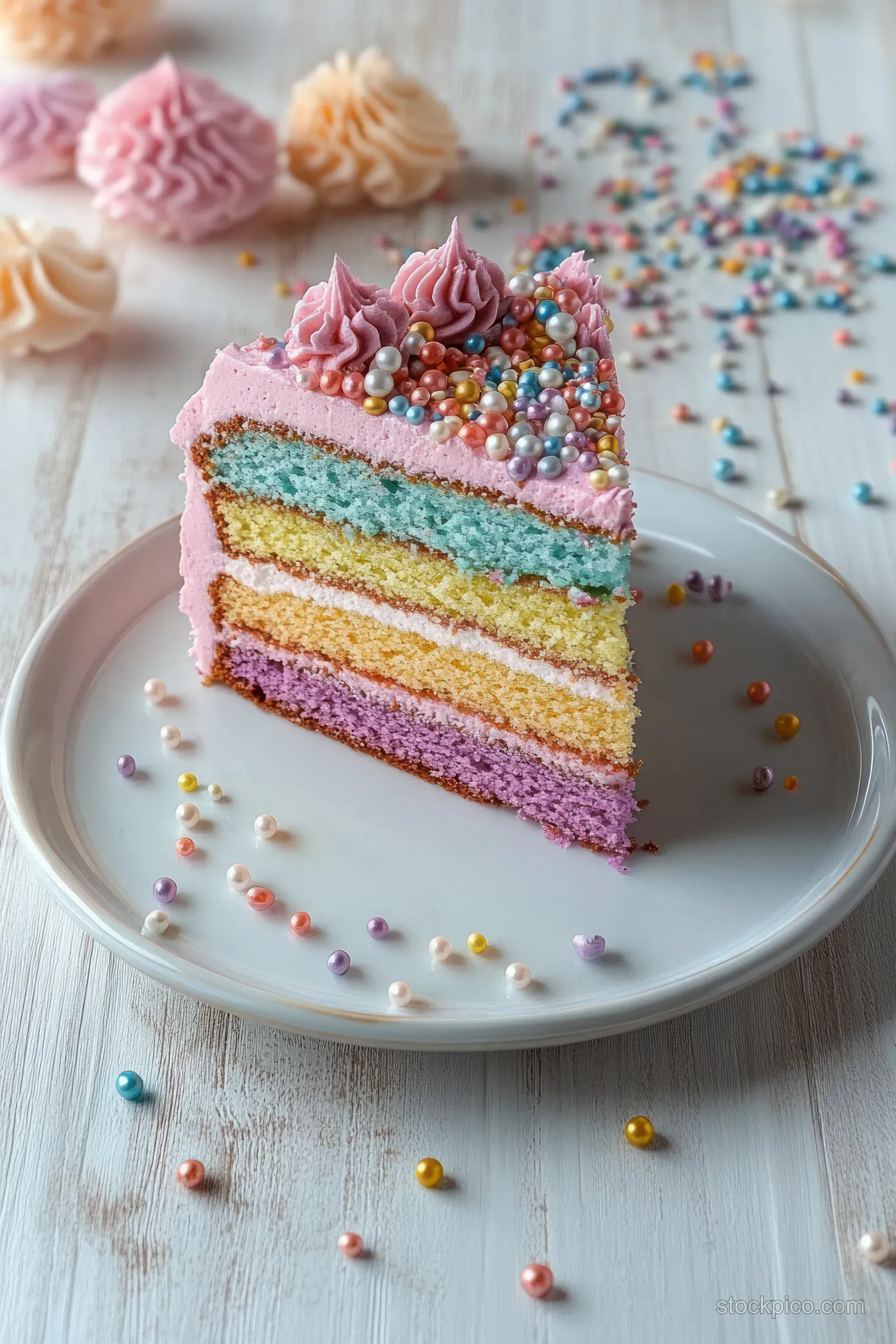 Layered pastel cake slice with pink frosting and multicolored edible pearls on a white plate.