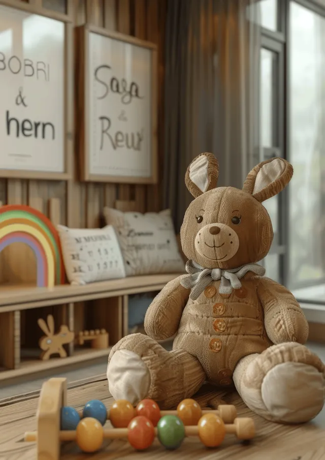 Plush bunny doll and colorful toy blocks sit on a wooden floor inside a children’s room near a window.