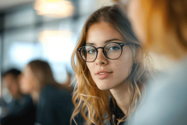 Young blonde woman wearing glasses looks toward the camera inside a warmly lit cafe with blurred patrons in back.