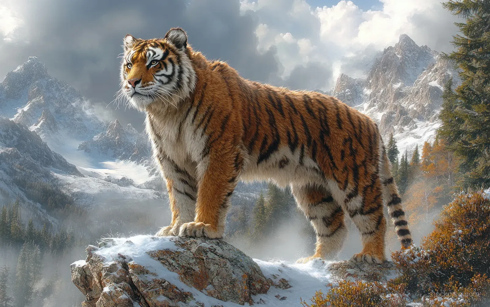 A roaring saber-toothed Smilodon stands on a snowy cliff with icy mountains and clouds behind it.