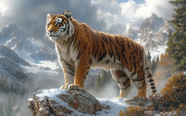 A roaring saber-toothed Smilodon stands on a snowy cliff with icy mountains and clouds behind it.