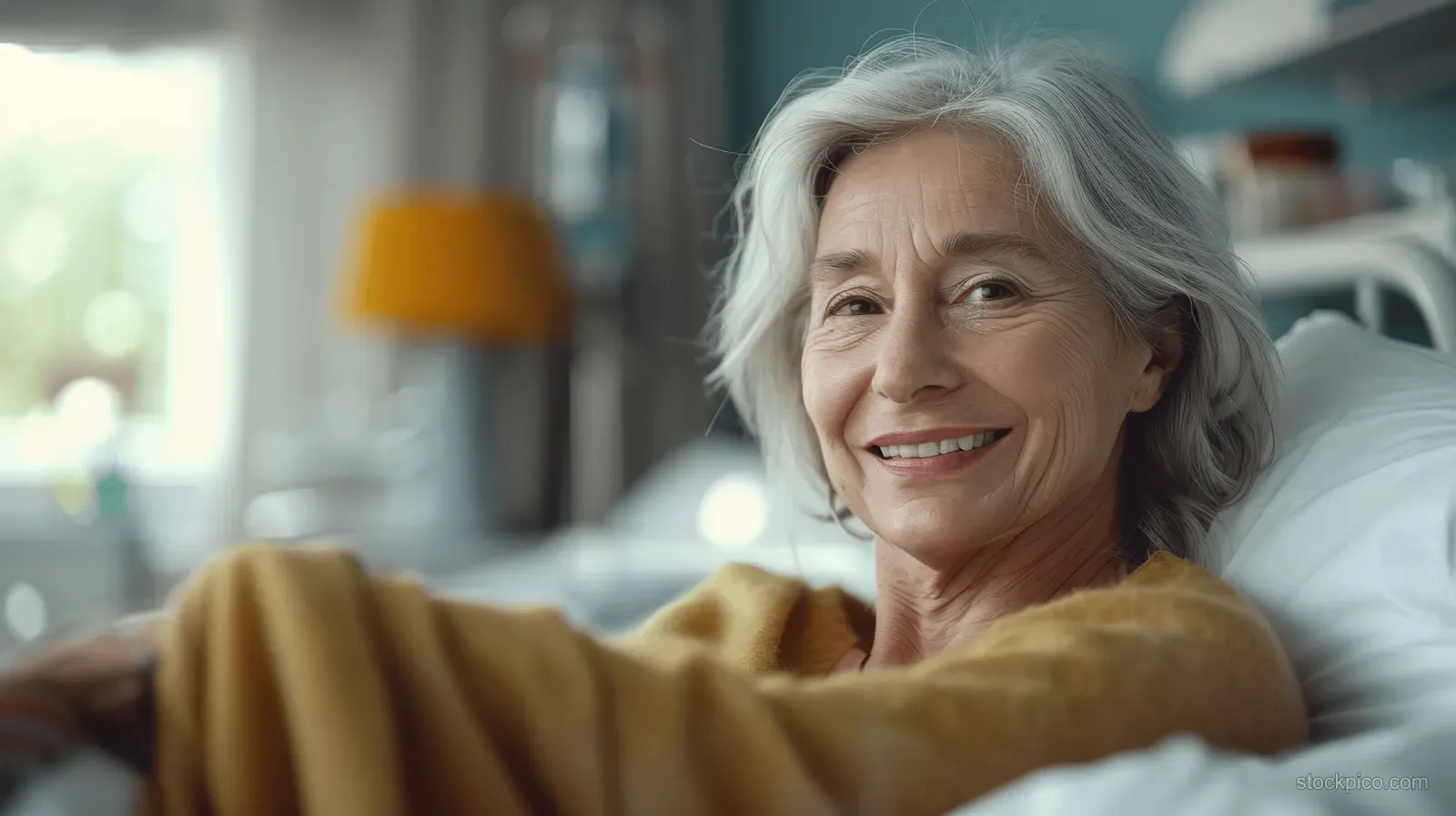 An elderly woman smiles in a hospital bed, wrapped in a blanket as warm light brightens the room.
