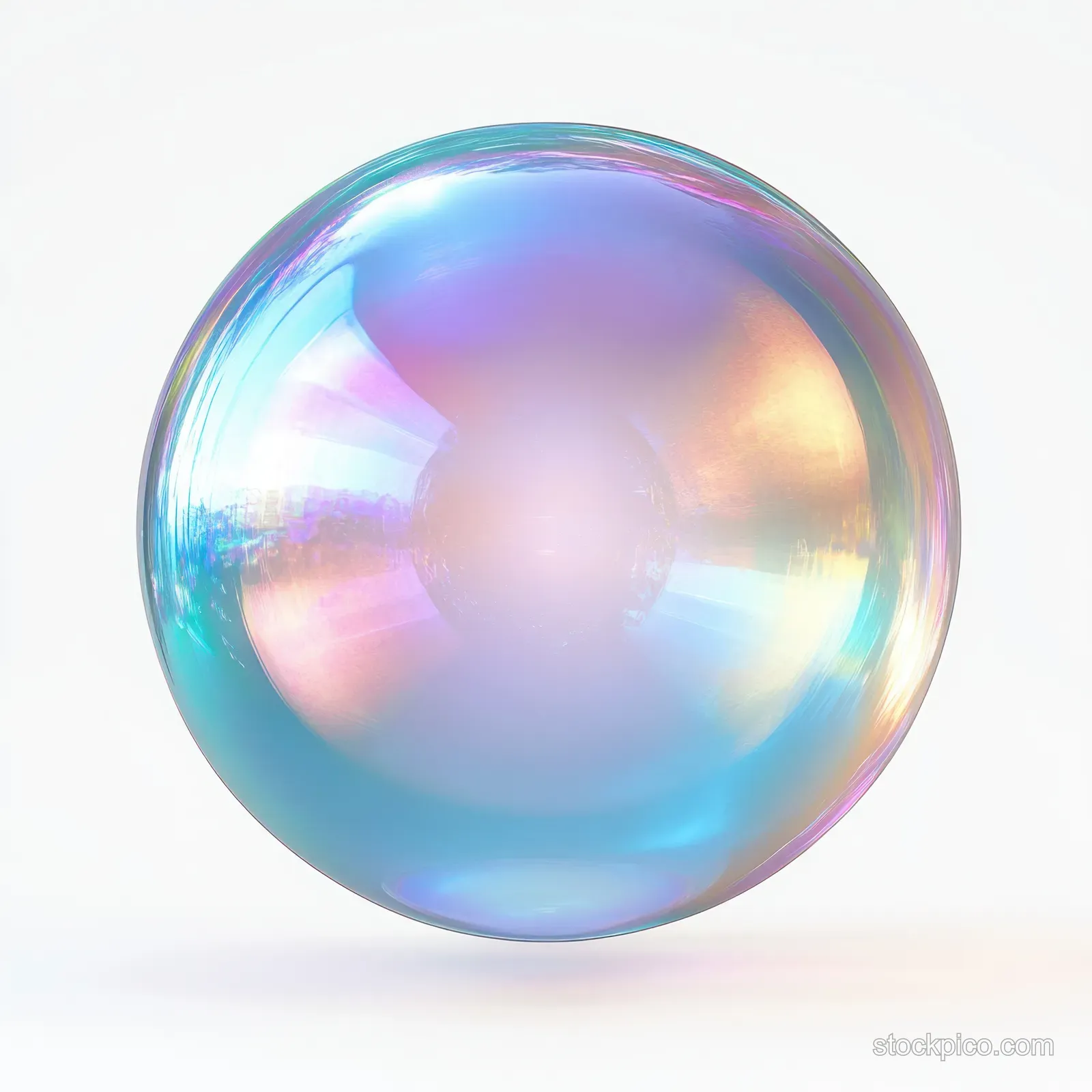 Close-up iridescent soap bubble with translucent rainbow reflections centered on a white background.