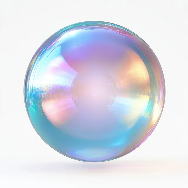 Close-up iridescent soap bubble with translucent rainbow reflections centered on a white background.