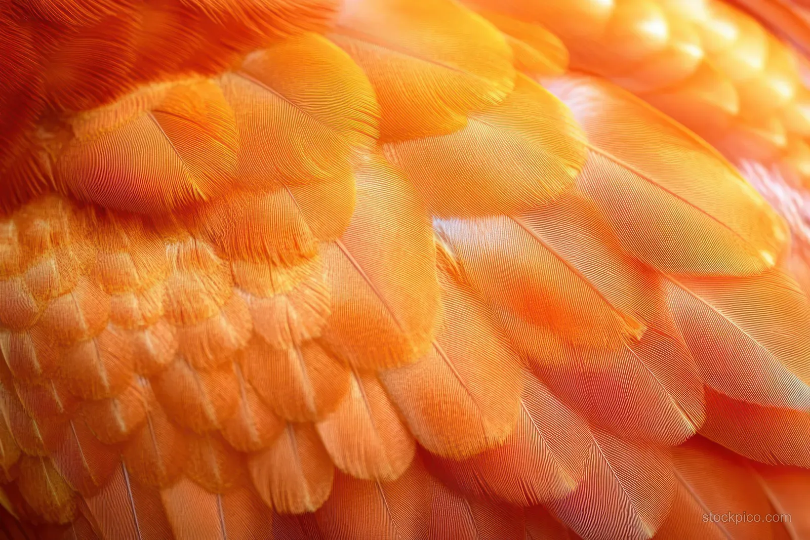 Macro close-up of orange chicken feathers with layered texture and warm light highlights.