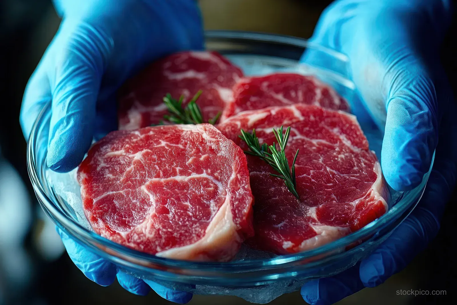 Blue-gloved hands hold a glass dish with red marbled cultured meat slices and a small green herb garnish.