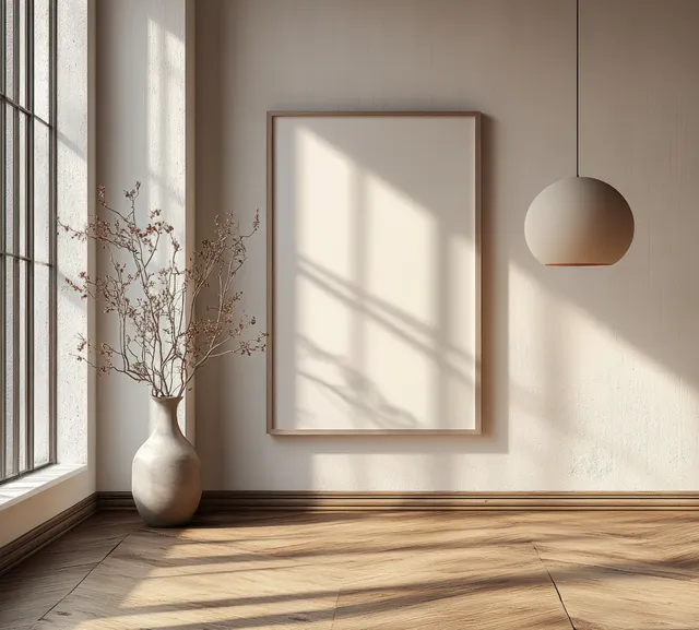 Sunlit minimalist living room with a blank framed canvas on the wall, pendant lamp, vase, and wooden floor shadows.