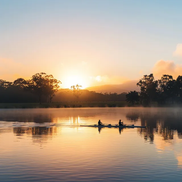 A rowing shell glides on a calm lake at sunrise, creating bright reflections under a soft dawn sky.