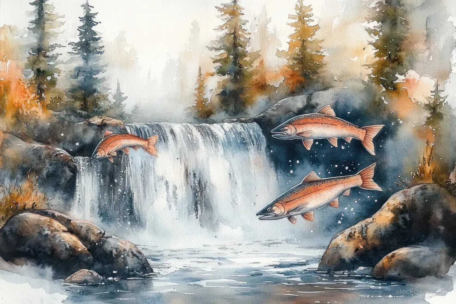 Three salmon swim near a misty waterfall over rocky stream water in a watercolor evergreen forest scene.