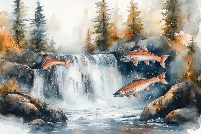 Three salmon swim near a misty waterfall over rocky stream water in a watercolor evergreen forest scene.