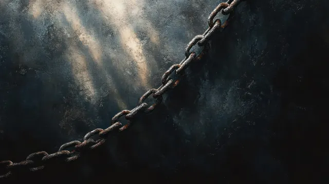 Rusted metal chain links run diagonally across a dark textured surface with dramatic light streaks.