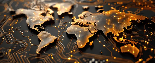 Golden world map glowing over a dark circuit board with illuminated electronic network pathways.