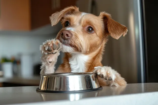 A small brown and white dog waits with paws on a counter next to an empty metal food bowl.