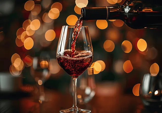 A red wine bottle pours into a stemmed wine glass beside a dinner table under warm restaurant lighting.