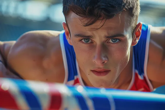 High jump athlete prepares on the track beside stadium seating with colorful lanes blurred behind.