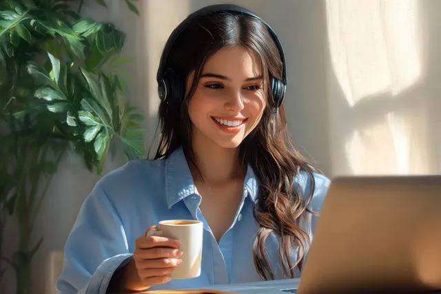 Smiling woman in a headset holds a coffee mug while seated at a laptop in a bright home office.