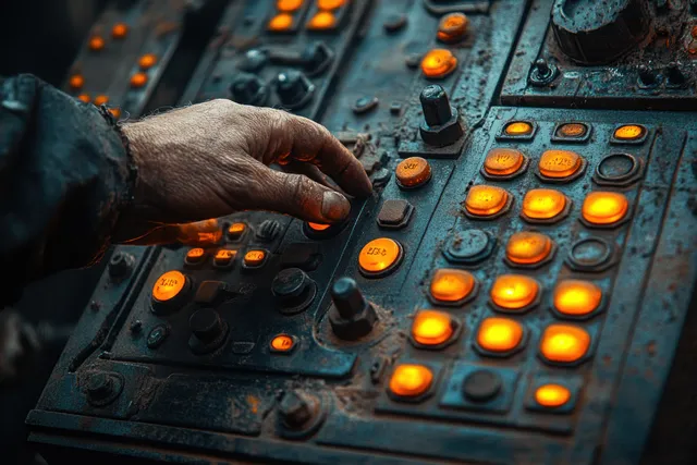 Worker hand presses glowing orange buttons on a dusty industrial control panel.