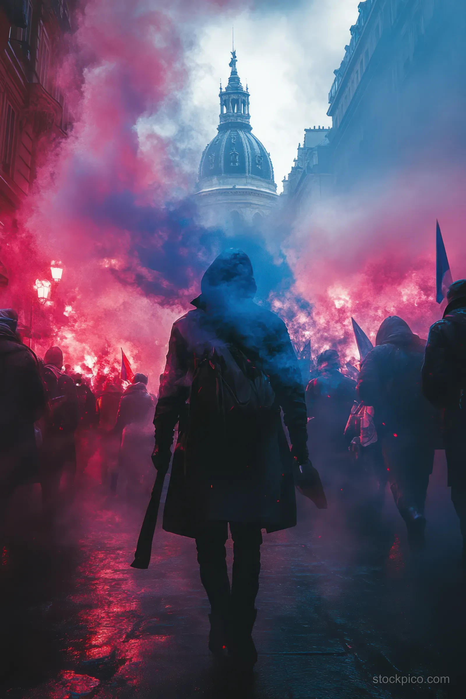 People march in Paris streets with red flares, drifting smoke, and a cathedral silhouette in the distance.
