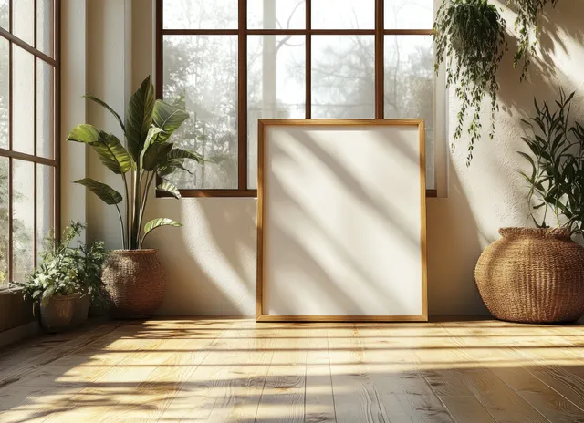 Blank picture frame on a wooden floor in a sunlit room with potted plants and soft window shadows.